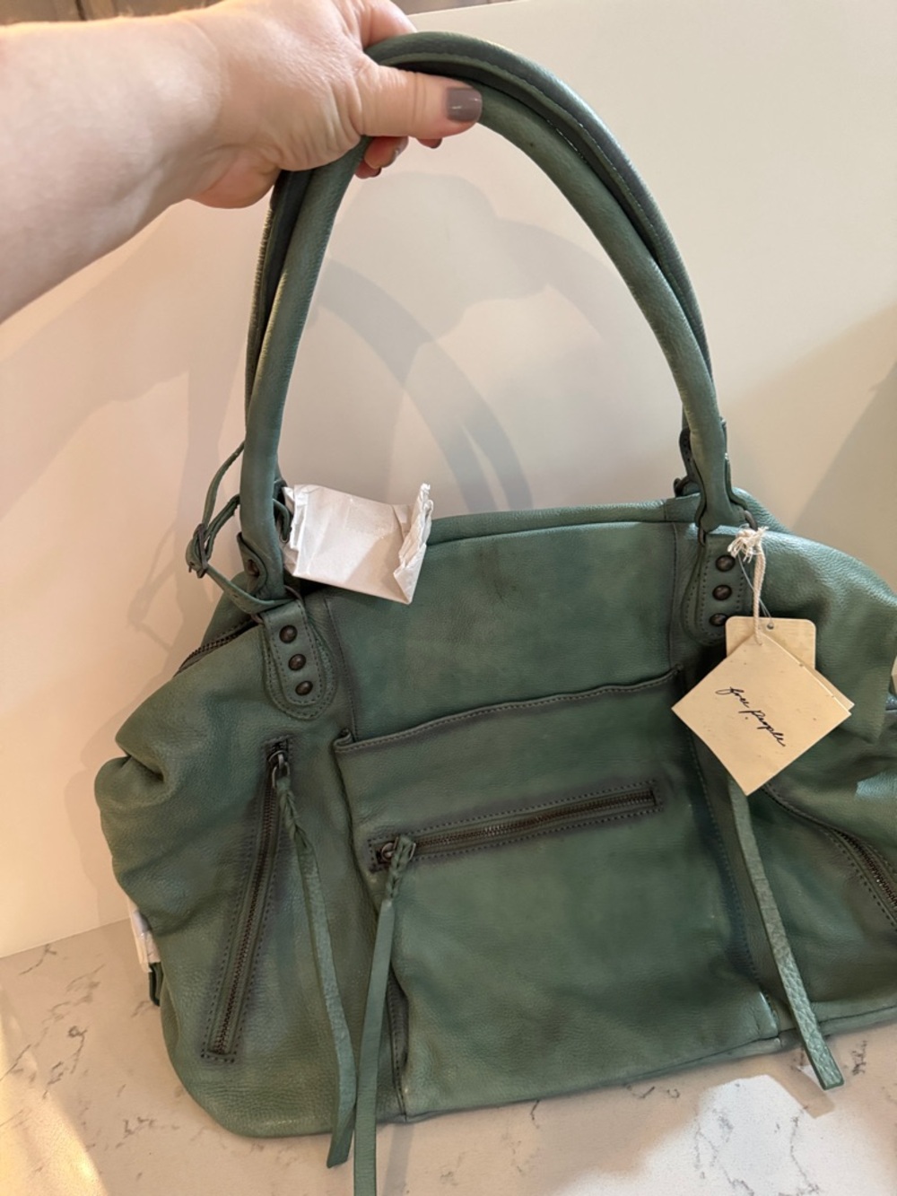 Free People Women’s Leather Tote Bag in Sage Green.